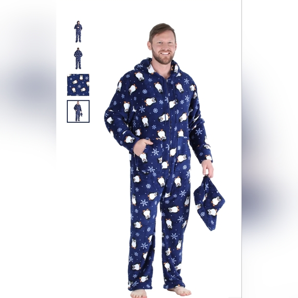Mens penguin one piece family matching pajamas fuzzy warm soft blue zipper - Picture 2 of 3